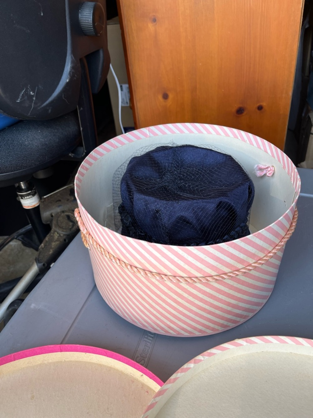 Pink Striped Round Hat Box with Rope Handle